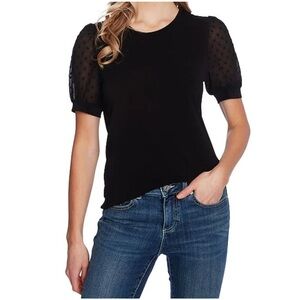 {CeCe} Black Puff Sleeve Top Short Sheer Sleeves Size S